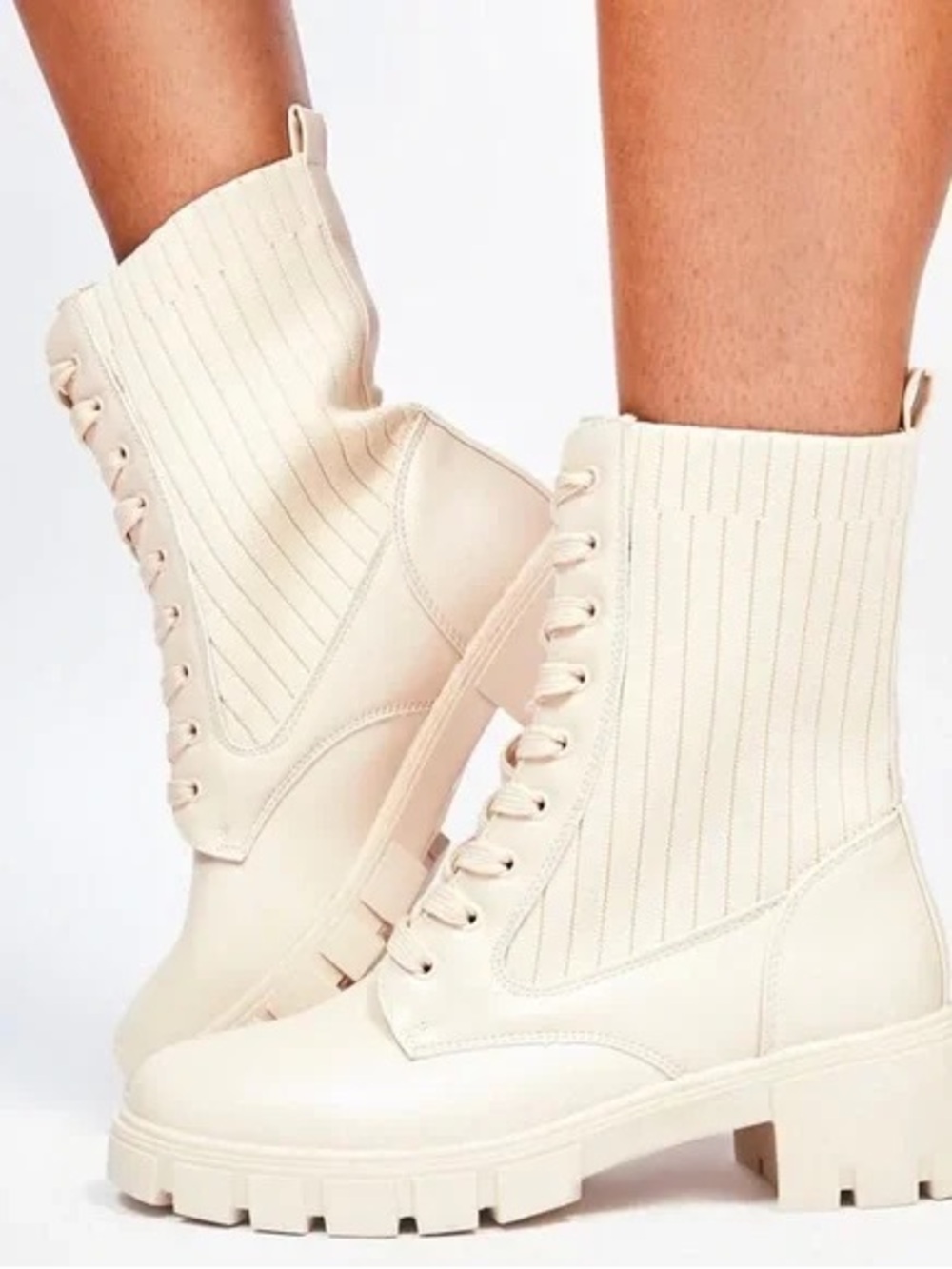 Qupid Cream Lace-Up Knit Combat Boots for Women